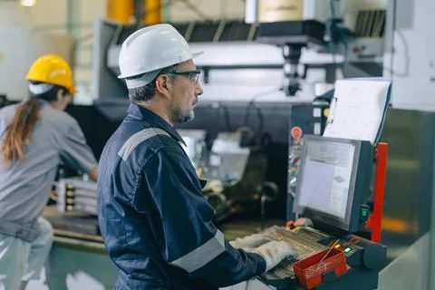 CNC Lathe Machine Engineer Operator Worker Working Entering Work Batch Prod.. Stock Photos