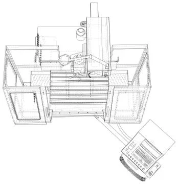 CNC Lathe machine illustration vector. Wire-frame line isolated. Vector Stock Illustration