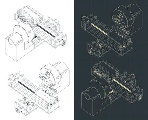 CNC lathe machine isometric blueprints Stock Illustration