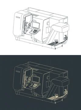 CNC lathe turning machine isometric blueprints Illustration