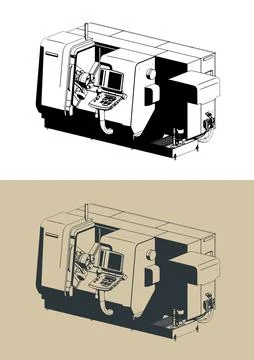 CNC lathe turning machine isometric illustrations Stock Illustration