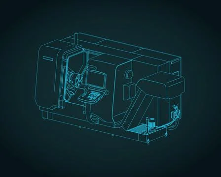 CNC lathe turning machine isometric blueprint Stock Illustration