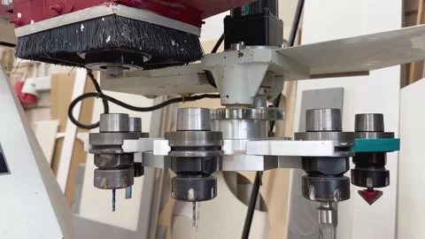 The CNC machine automatically changes the cutter for operation. Close-up of the Stock Footage 276329642