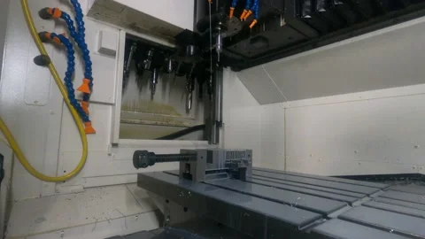 CNC machine changes a cutter and carves aluminum radiator Stock Footage 168946649
