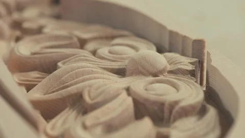CNC machine cutting a decorative shape in a wooden part. Close-up of CNC machine Video stock 341626937