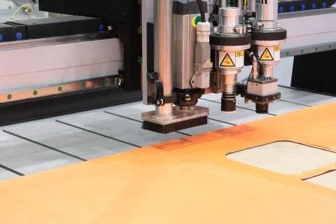CNC machine for cutting fabrics textile materials and leather, laser marking  Foto stock