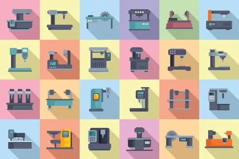 Cnc machine icons set flat vector. Mill controller 스톡 일러스트