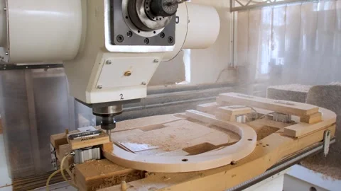CNC Machine Machine Processes Wooden Part In Factory Stock Footage 279879162