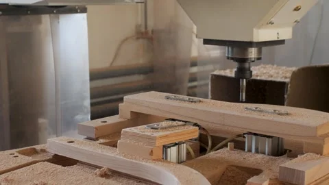 CNC Machine Machine Processes Wooden Part In Factory Stock Footage 279879229