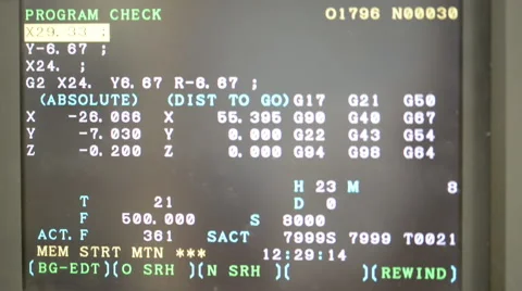 CNC machine monitor display with program code running numbers and parameters Vídeo Stock 49007828