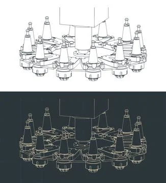 CNC machine tool changer carousel vector blueprint technical illustrations Illustrazione stock