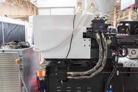 CNC machine at trade show display, precision manufacturing equipment, moder.. Stock Photos