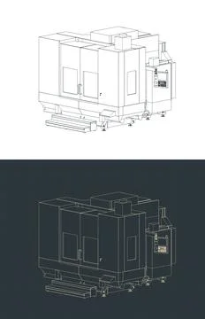 CNC machine vertical machining center isometric blueprints Stock Illustration