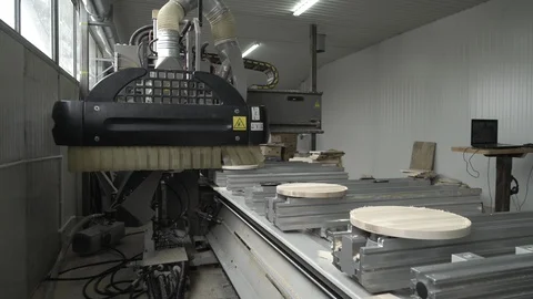Cnc machine work processing for woodworking at workshop, manufacture. Stock Footage 87797016
