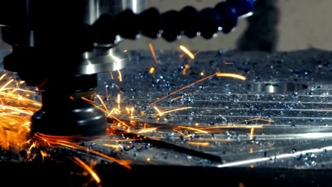 CNC Machining Process: Metal Cutting with Sparks and Precision Stock Footage 308632231