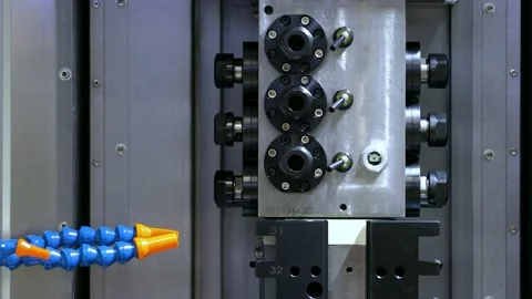 CNC metal processing. Automated metalworking machine. Stock Footage 197779097