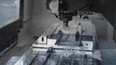 Cnc metal working machine with cutter tool luminium detail milling at factory Stock Footage 100119792