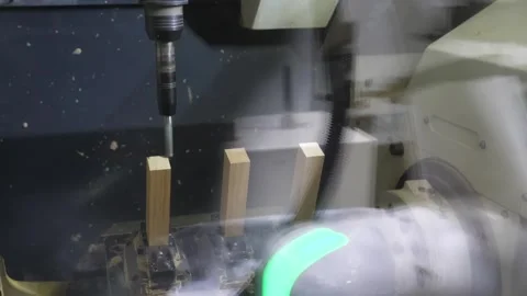 CNC Mill Cutting a Glowing Blade Blank in Coolant Mist Stock Footage 340900233