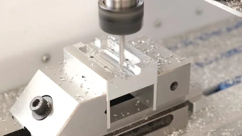CNC mill drills precise holes into a metal block Stock Footage 314815809