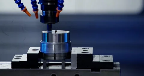 CNC Milling Aluminium Workpiece under Blue Coolant, Metalworking, Close Up Vídeo Stock 340657848