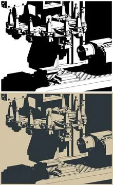 CNC milling machine with automatic tool changer close-up illustrations Stock Illustration