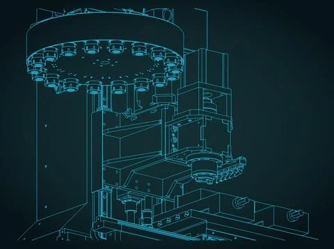 CNC milling machine with automatic tool changer isometric blueprint Stock Illustration