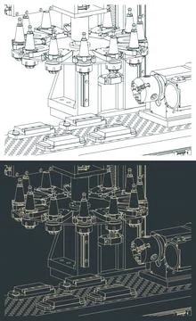 CNC milling machine with automatic tool changer isometric technical drawing.. 库存插图