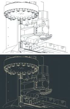 CNC milling machine with automatic tool changer isometric blueprints Stock Illustration