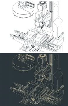 CNC milling machine with automatic tool changer isometric technical drawings Stock Illustration