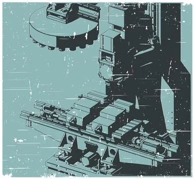CNC milling machine with automatic tool changer retro poster Иллюстрация