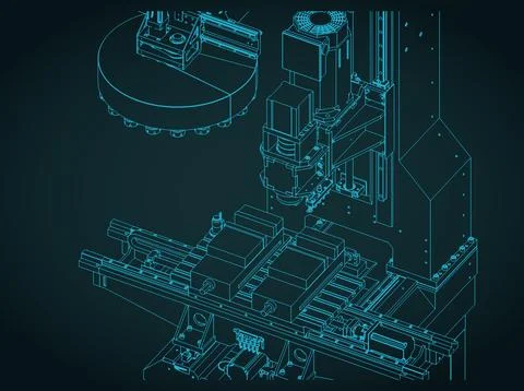 CNC milling machine with automatic tool changer isometric technical drawing Stock Illustration