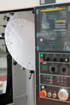 CNC milling machine with drum type tool magazine Stock Photos