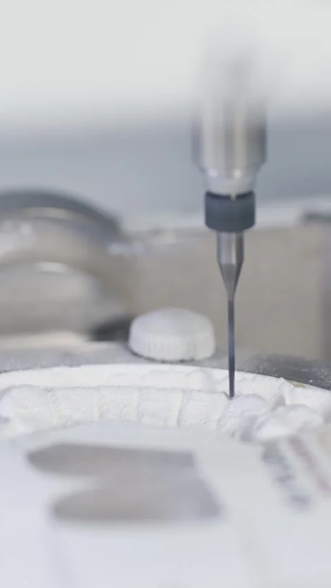 A CNC milling machine forms a dental restoration on a round zirconia disc. Video stock 321489030