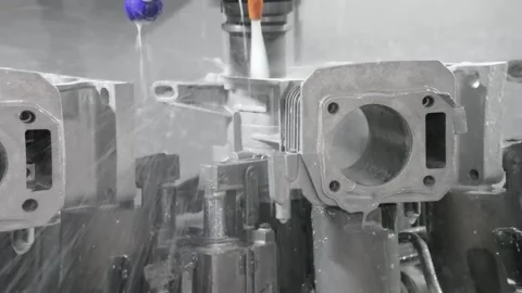 CNC Milling Machine Machining Engine Cylinder Block With Coolant Video stock 348591129