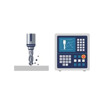 Cnc milling machine process icons - industrial manufacturing automation tools Stock Illustration