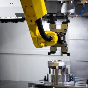 Cnc milling machine. Processing and cutting of parts from a piece of metal in Foto stock