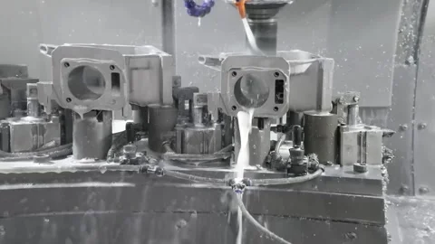 CNC Milling Machine Spraying Coolant on Metal Cast Housings 動画素材 348591060