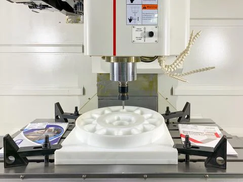 CNC milling machine working show it to customers in Metalex exhibition Stock Photos