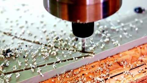 CNC router cuts material as flakes fly in detailed slow motion view Video stock 315218655