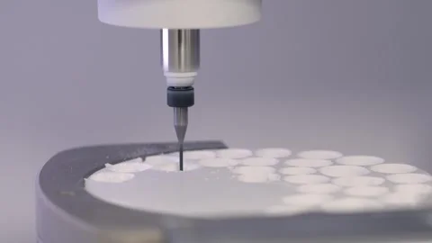 CNC system mills dental prosthesis from white disc and shapes crown forms Video stock 320497964