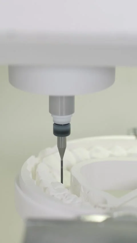 CNC system mills dental prosthesis from white disc with spindle lowering Stock Footage 321303919