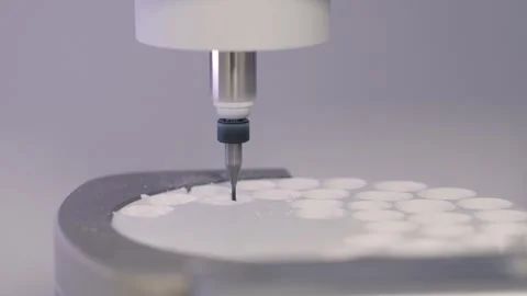 A CNC system mills a zirconia disk denture and forms crowns Video stock 320099889