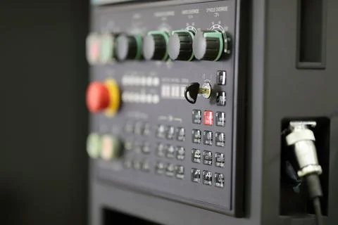 CNC turning center control panel close up Stock Photos