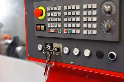 CNC turning machine control console close up Stock Photos