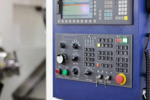 CNC turning machine control panel close up Stock Photos