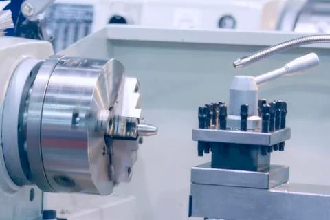 CNC turning machine spindle and lathe workshop Stock Photos