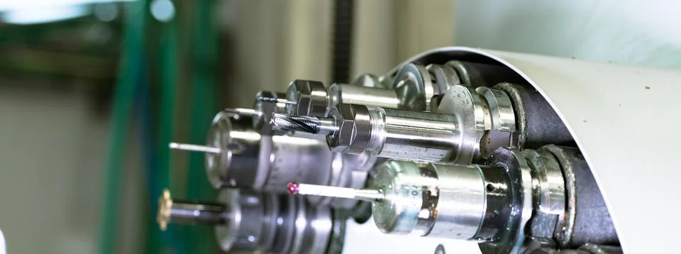 CNC in workshop Rotating head with tools Stock Photos