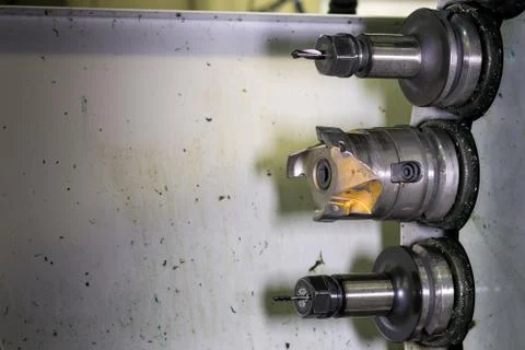 CNC in workshop Rotating head with tools Stock Photos