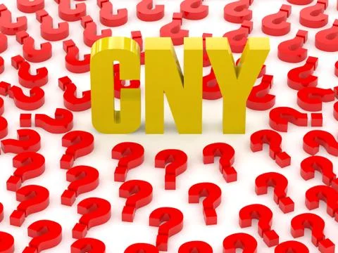 CNY sign surrounded by question marks. Concept 3D illustration. Stock Illustration
