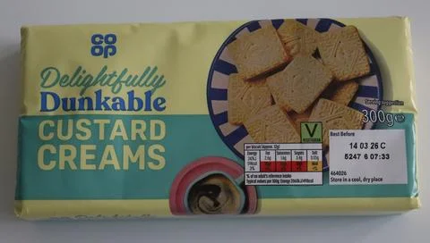 Co-op Delightfully Dunkable Custard Creams biscuits photographed in Norwich, Stock Photos